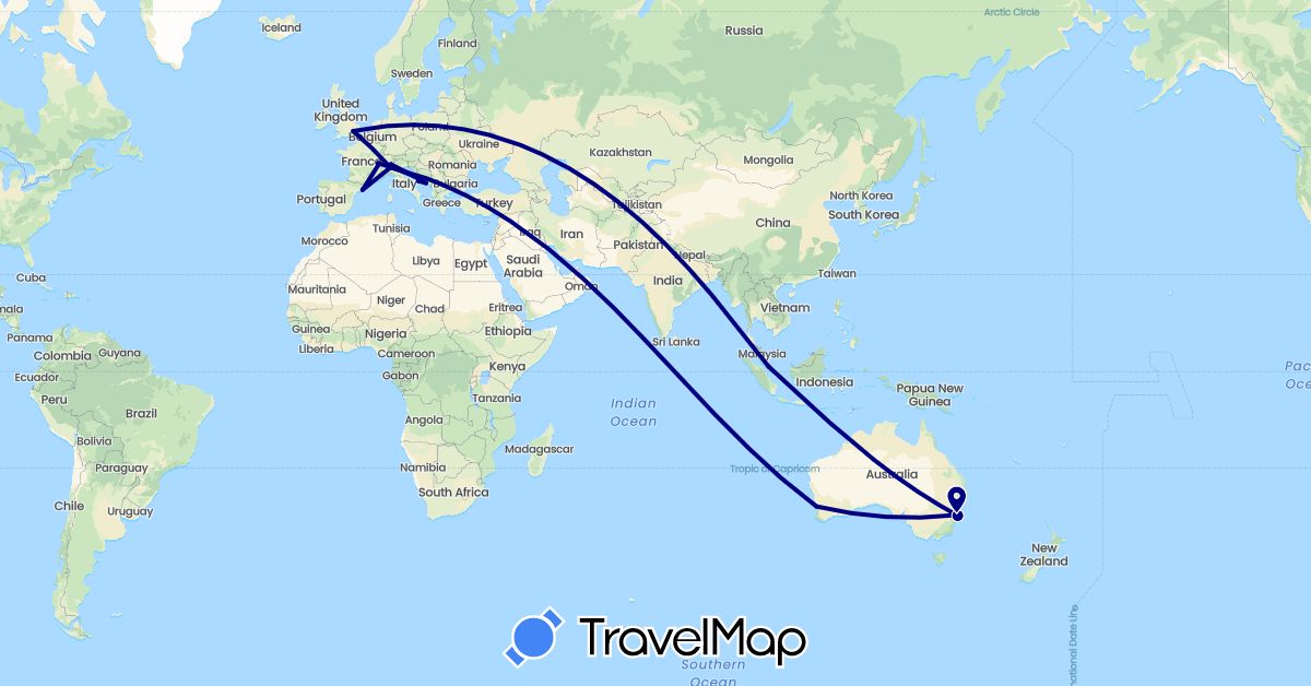 TravelMap itinerary: driving in Australia, Switzerland, Spain, France, United Kingdom, Croatia, Italy, Singapore (Asia, Europe, Oceania)